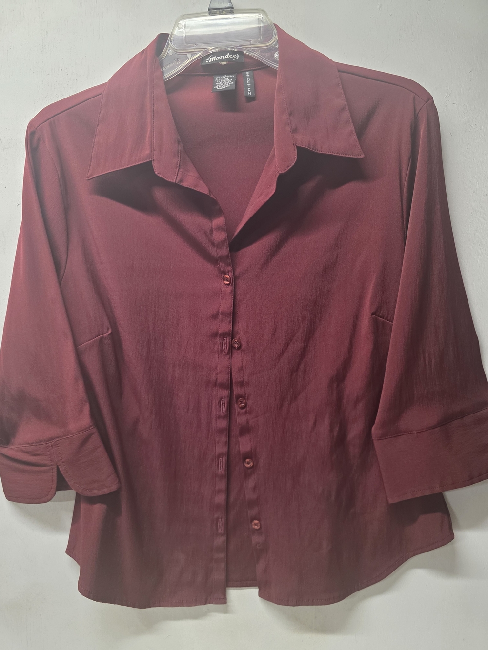 Mandee’s Womens Large Burgundy Stretch Button Down Blouse 3/4 Sleeve Shirt